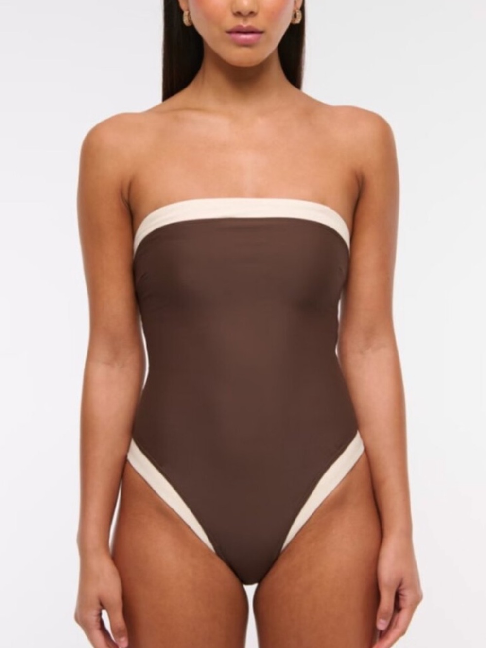 Abercrombie A&F Marina One-Piece Swimsuit in Brown with Cream Trim